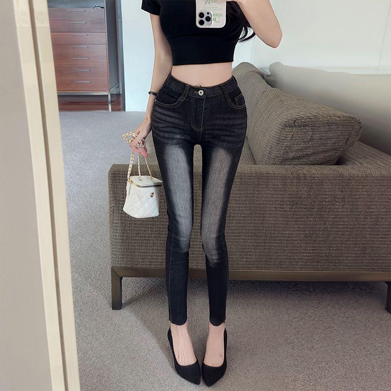 

South korea Dongdaemun Hong Kong Style Fengyi High Waist Slim fit Slimming Stretch Faded Frayed All-Match Skinny Pants Jeans Women Black Gray L