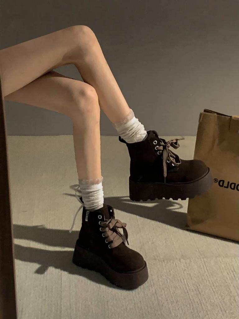 Winter Platform Heel Women Ankle Boots Fashion Lace Up Knight Short Booties Designer