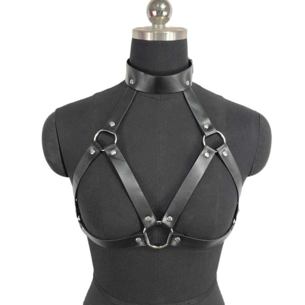 Leather Gag & Nipple Clamps Chain - Women's Erotic Restraint Clothing & Props