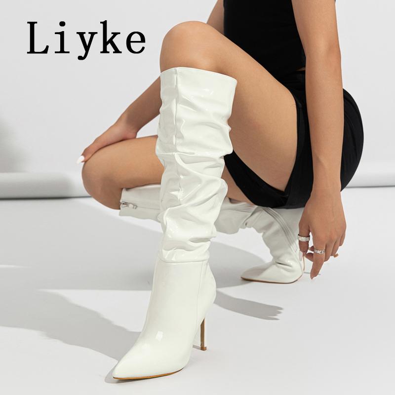 Modne Liyke Fashion Design Plisowane Lakierowane Kozaki do Kolan Damskie Czerwone Szpiczasty Nosek Zamek Szpilki Obcasy Buty Imprezowe Botki Damskie