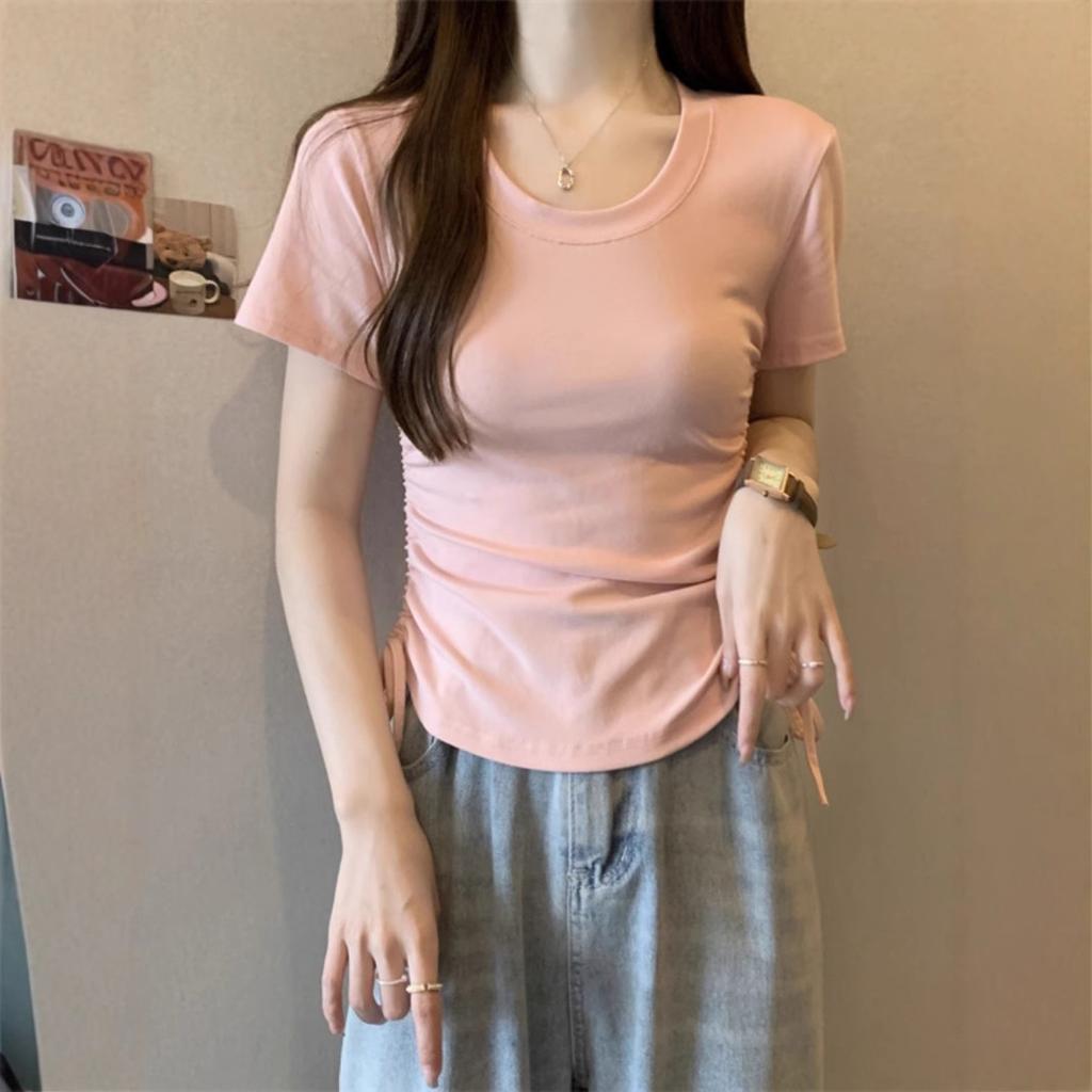 Cotton-included Design Short-sleeved T-shirt for Women's New Summer Drawstring Short Hot Girls Solid Color Round Neck Top