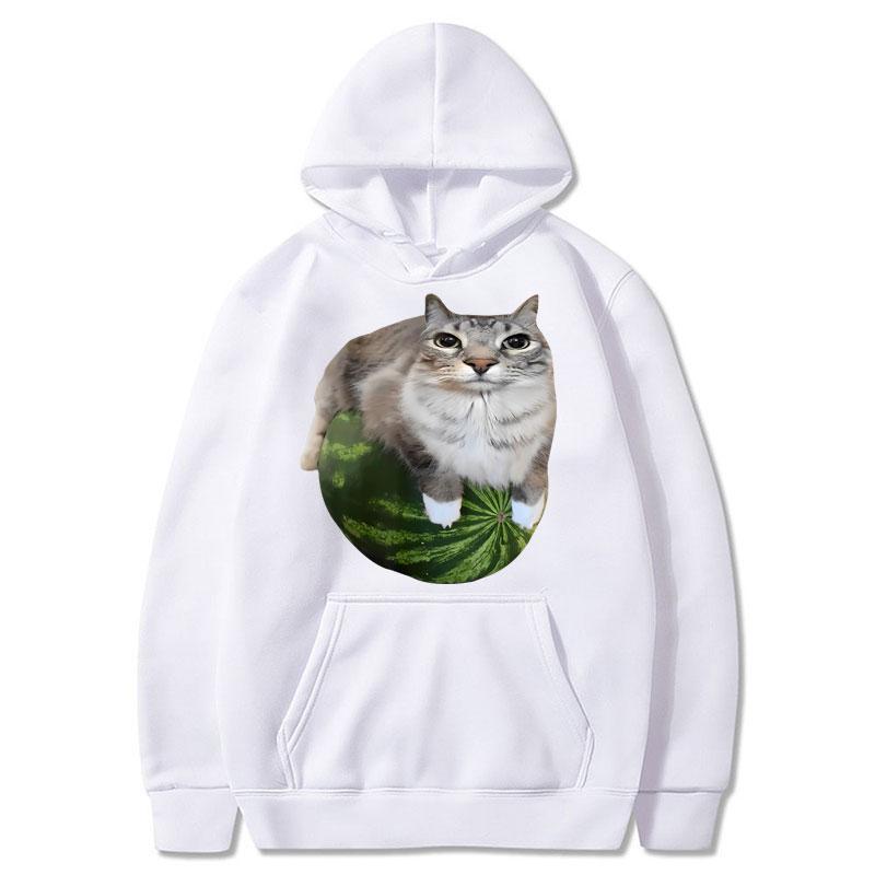Funny Silly Watermelon Cat Meme Hoodie Women Humor Stylish Hilarious Long Sleeve Oversized Fleece Casual Pullover Streetwear