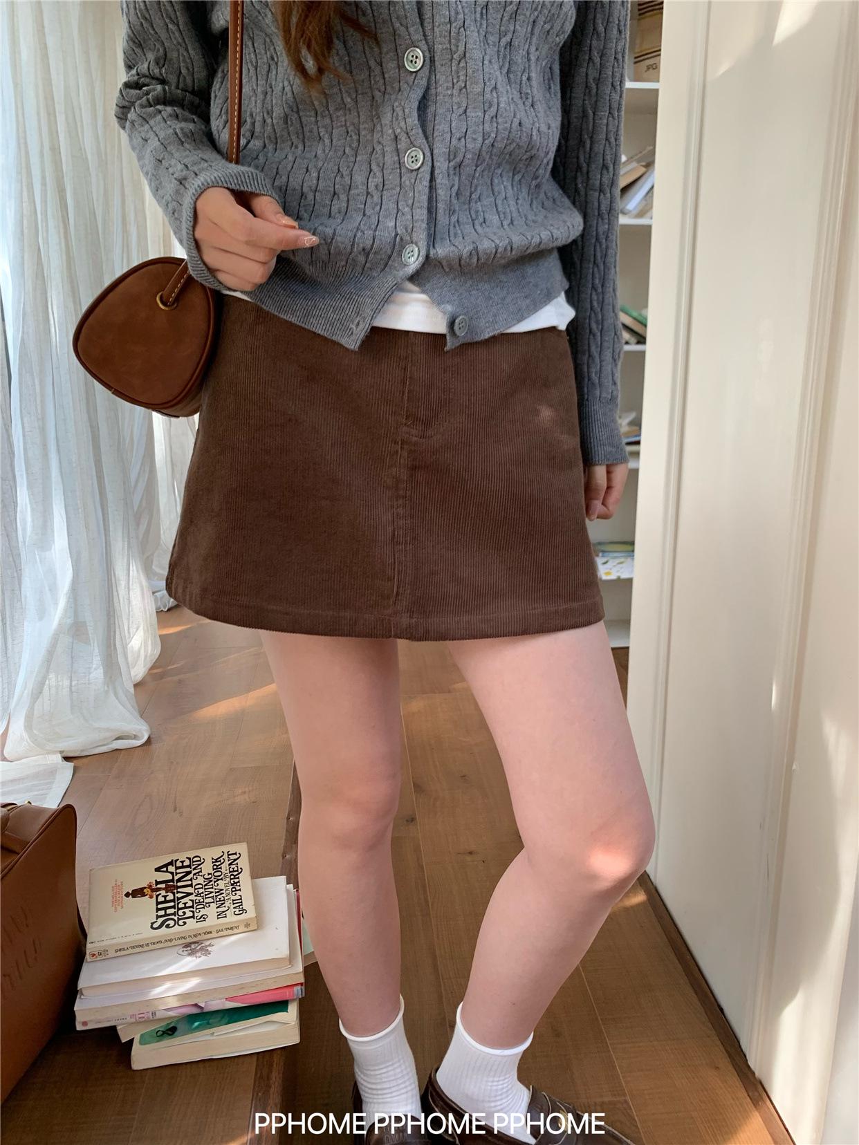 Plus-Size Retro High-Waisted Brown Corduroy A-line Skirt 4XL коричневый