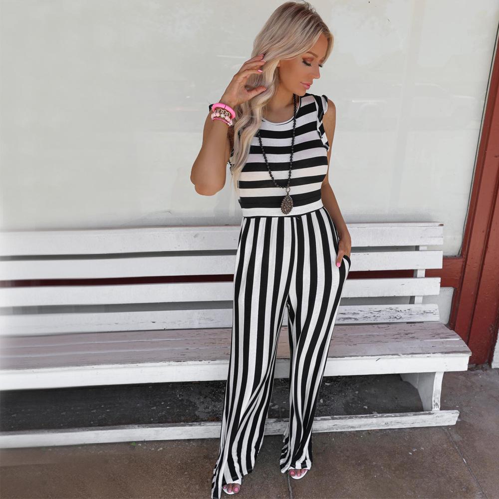 Letní dámská móda kombinéza bez rukávů s pruhovaným potiskem, volný kombinéza