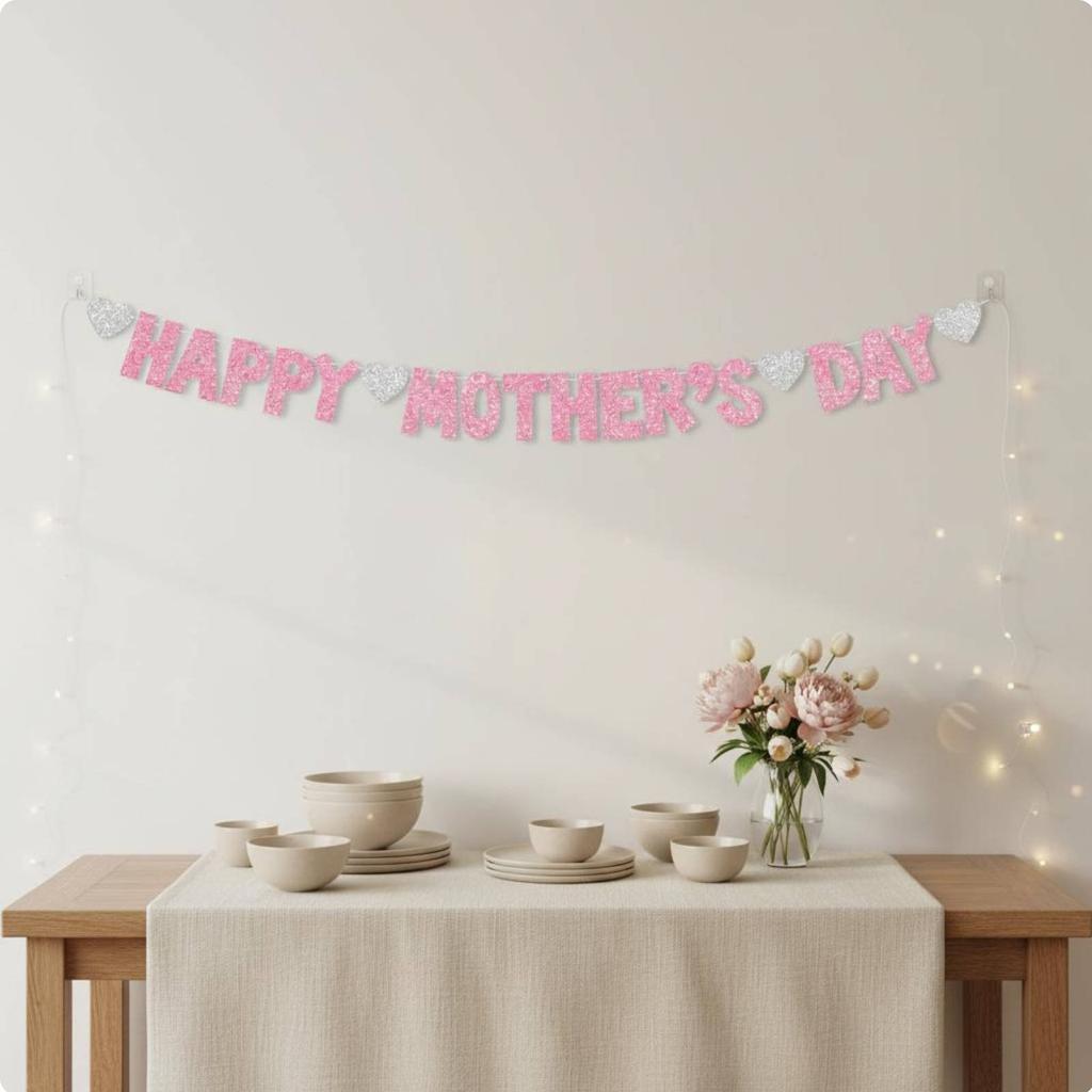 Joyful Mother's Day Banner Easy to Hang Mother's Day Glitter Banner Holiday Decoration Premium Cardstock Party Supply
