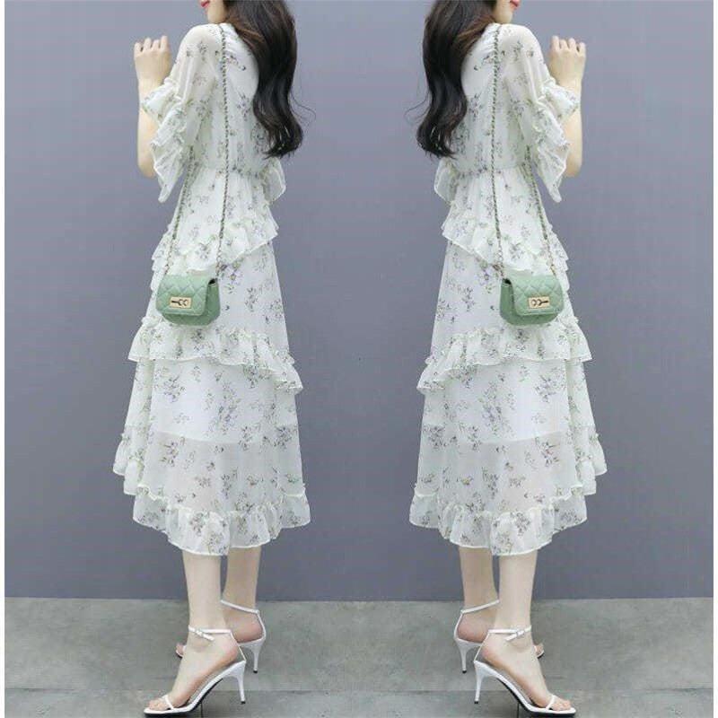 Elegantes florales Chiffonkleid Sommer Slim Taille Stufenrock Frischer Stil Mode