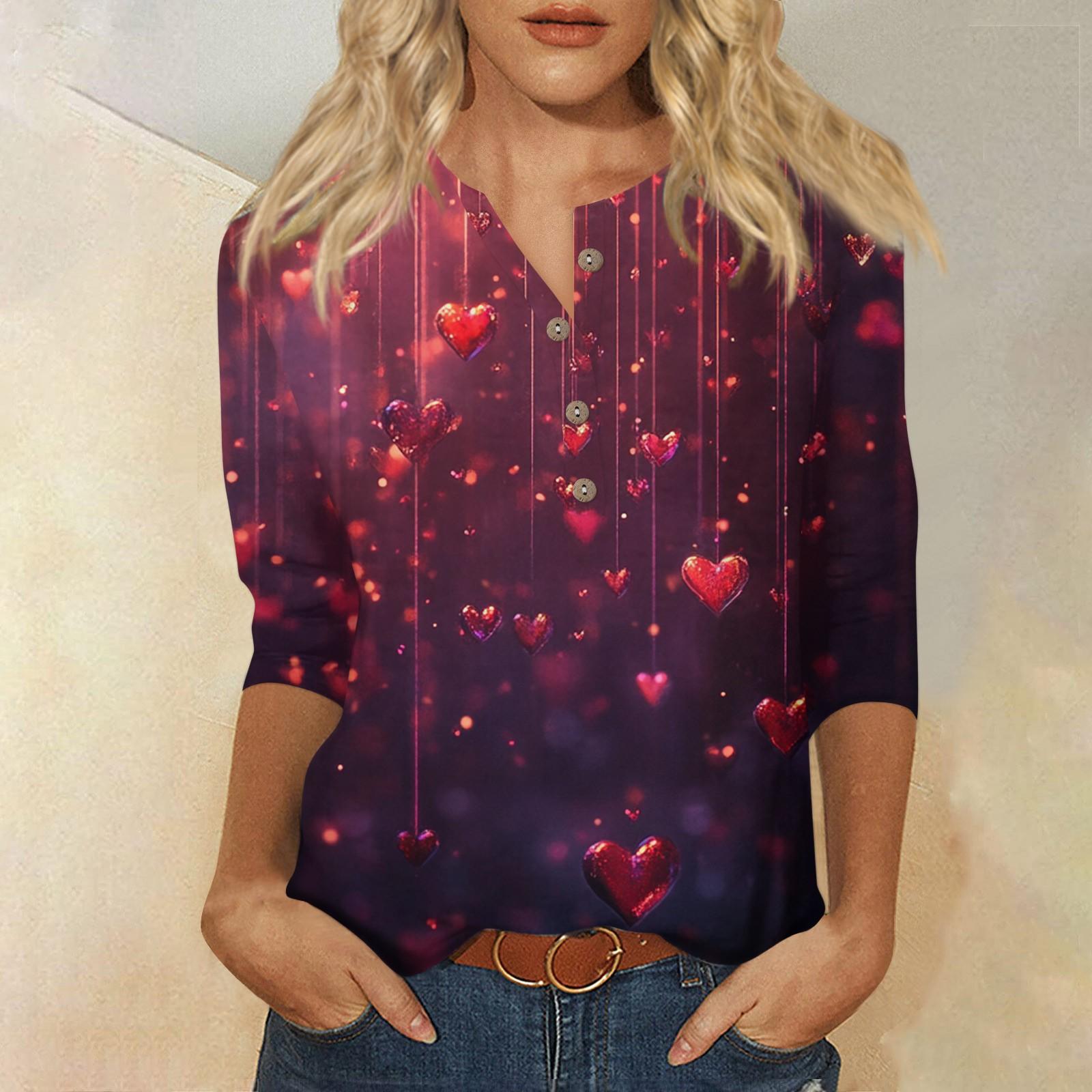 

Жіночий модний повсякденний топ із принтом на День Святого Валентина з рукавом 3/4 на ґудзиках S Кіновар