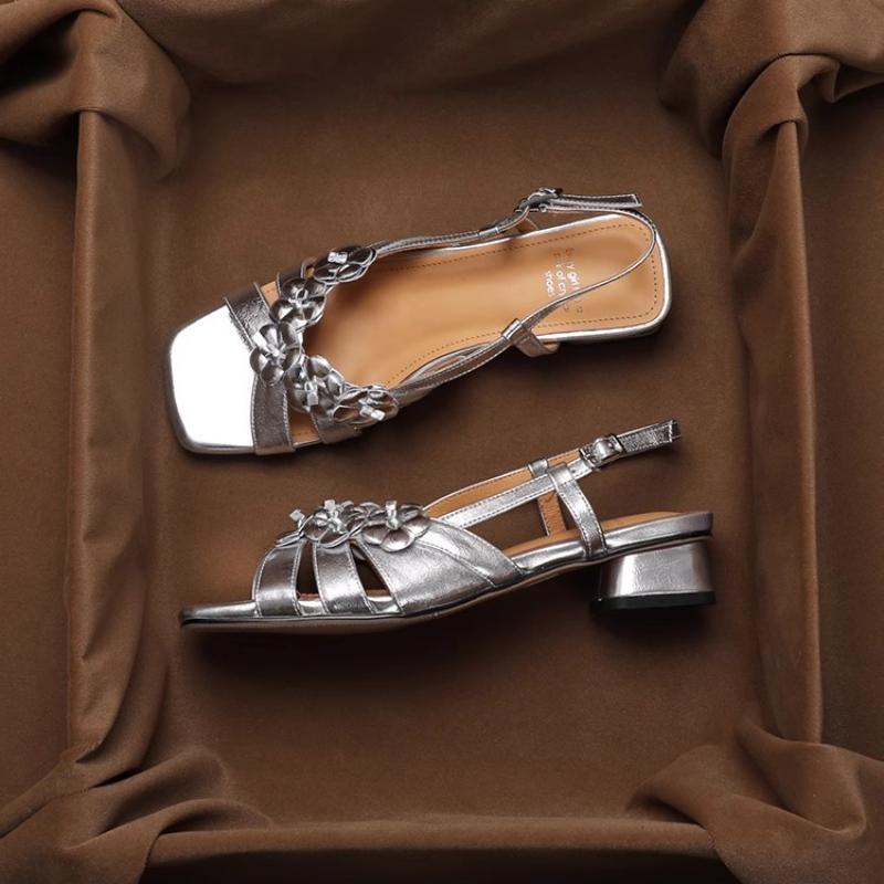 Fashion Open Toe Block Heel Roman Sandals Women's Summer New Fashion Square Toe Shallow Mouth One Strap Flower Sandals