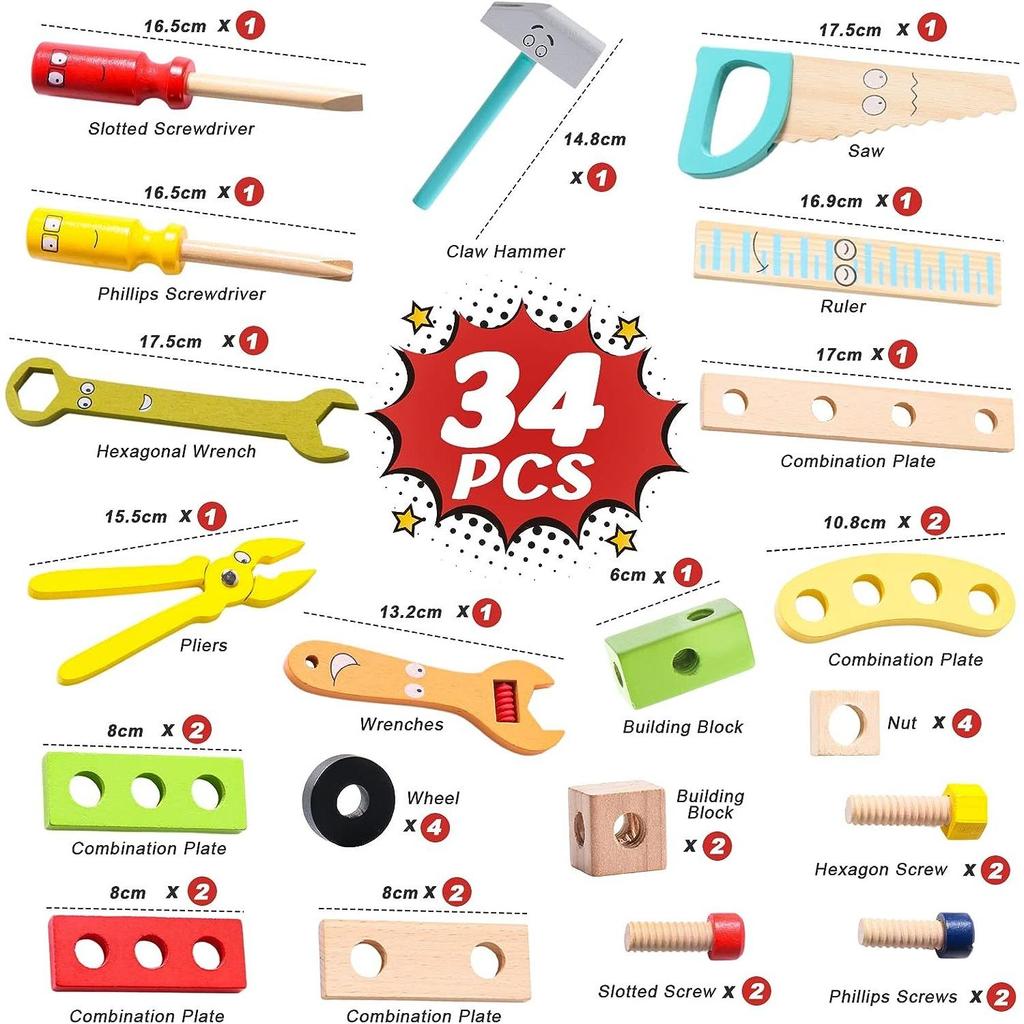 Treleketøy Verktøykasse Montessori Leketøy Pedagogiske spill Verktøykasse Barneleke Fra Gave Jenter Gutter 2 3 4 5 6 År 34 stk.