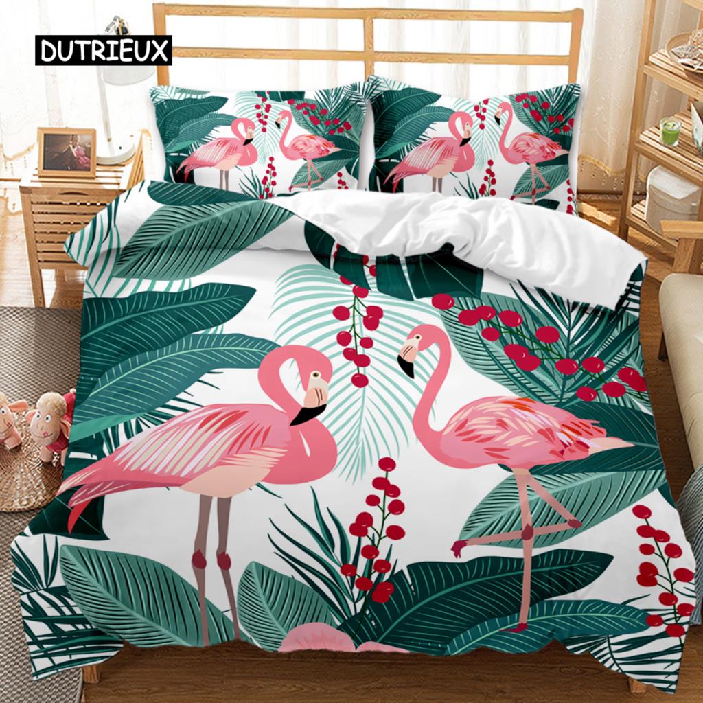 Flamingo Duvet Cover Couple Flamingo Palm Leaf Twin Bedding Set Tropical Botanical Leaves Summer King Size Polyester Quilt Cover