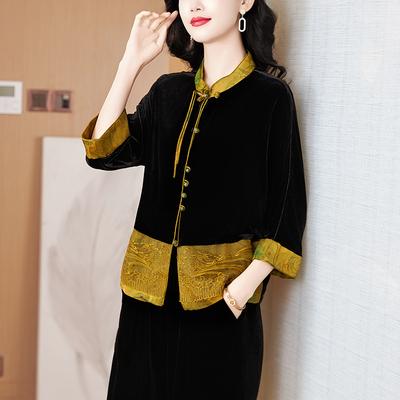 Vintage Velvet Buckle Shirt for Middle-Aged Women In Summer Chinese-style Embroidered Fashion Boutique