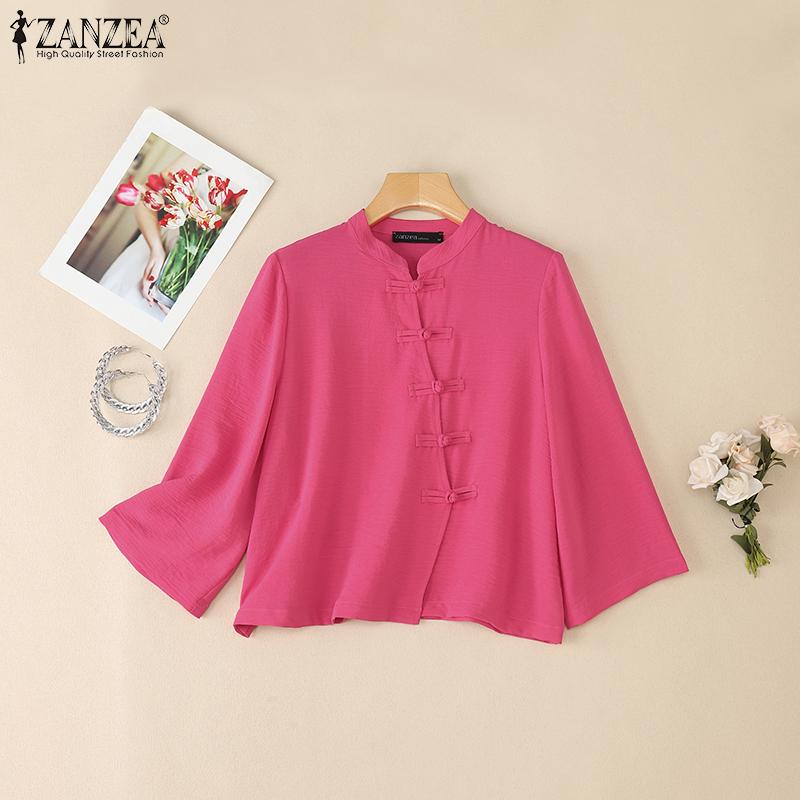 ZANZEA Women Casual Stand Collar Solid Color Loose 3/4 Sleeve Blouse