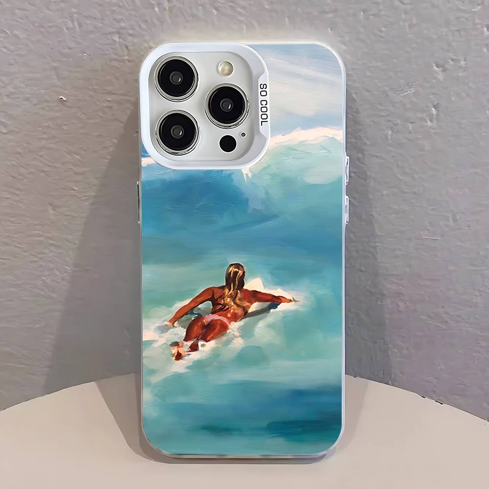 

Surfboard Surfing Art Surf Girl Summer Phone Case For iPhone 17,16,13,12,11,15,14,Pro,Max,Plus,SE4,Air,Mini White IMD Matte iPhone12PROMAX