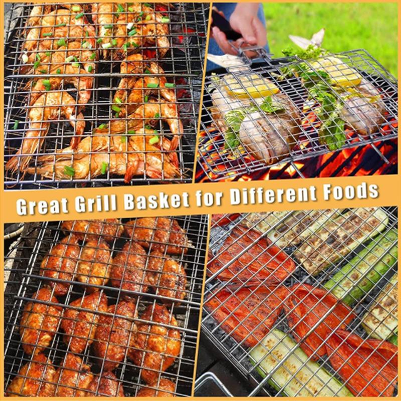 Grilling Basket Folding Portable Outdoor Camping Stainless Steel BBQ Rack with Removable Handle Barbecue Griller Cooking Tool