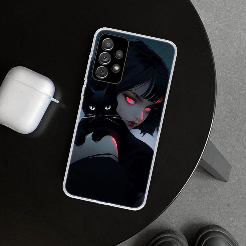 Anime Girls Cute Black Cat Phone Case Cover for Samsung Galaxy A12 A22 A32 A52 A72 A02S A51 A50S A31 A20S A10S Note 20 Ultra 10
