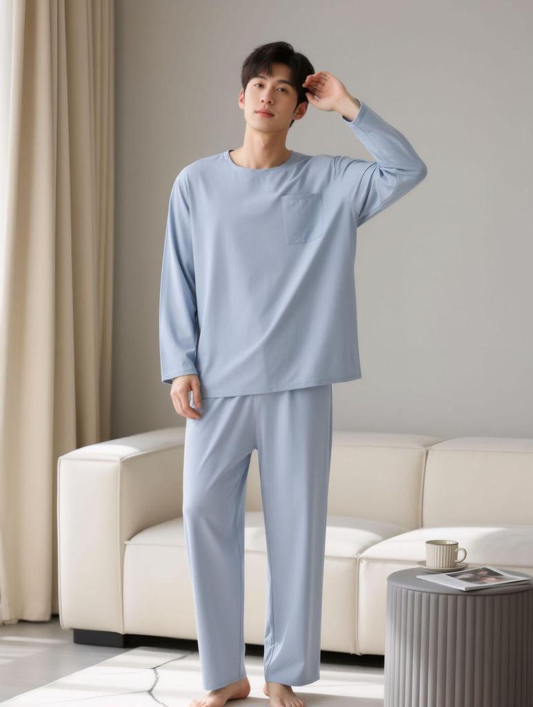 Men's Slim Fit Solid Color Pajama Set - Long Sleeve Top & Pants