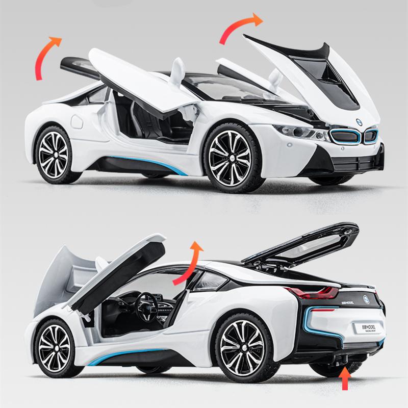 1/22 BMW I8 New Energy Car Alloy Sports Car Model Diecast Metal Racing Car Vehicles Model Simulation Sound Light Childrens Toys Gift