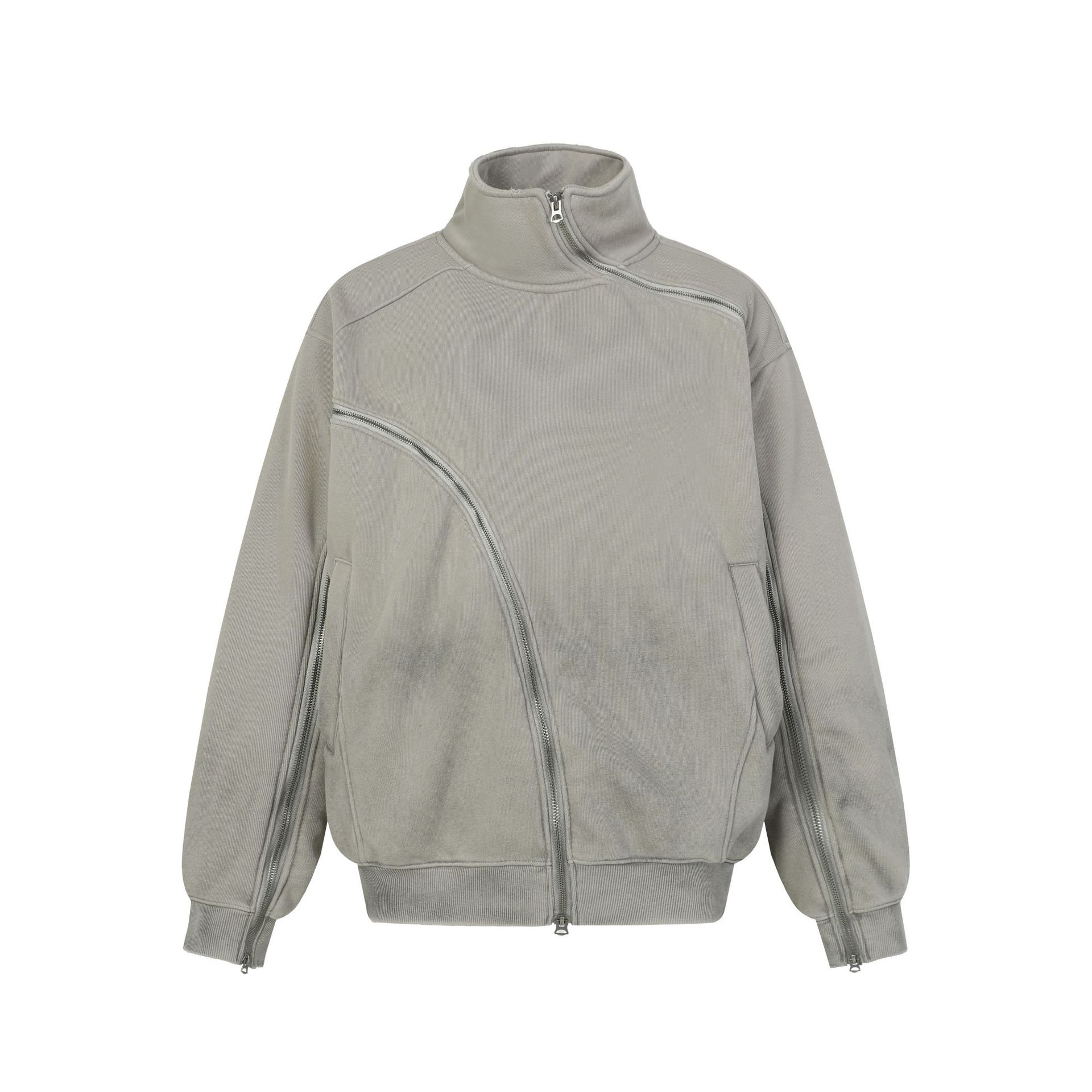 Men s autumn American retro gradual change washed sweater zipper deconstruction design sense special-shaped jacket S светло-серый