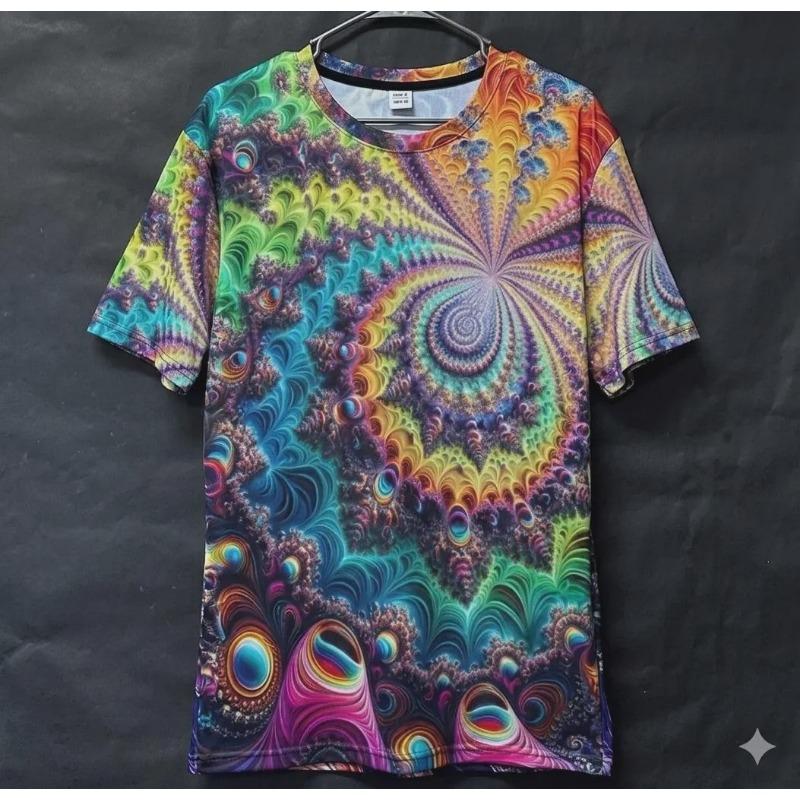Psychedelic Fractal 3D Print Men Tee Colorful Abstract Crew Neck Casual Shirts Multi Styles