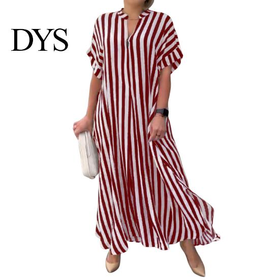 Lightweight Summer Dress Women Striped Print Color Matching V Neck Short Sleeves Loose Lady Maxi A-line Side Split Commute Casual Long Sleeve