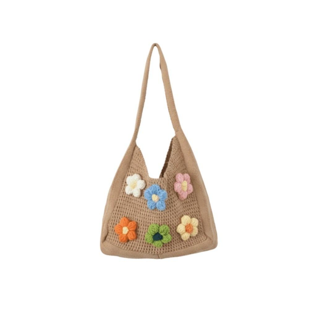 with Crochet Flowers Crochet Shoulder Bag Breathable Seaside Vacation Handbag  Beach хаки