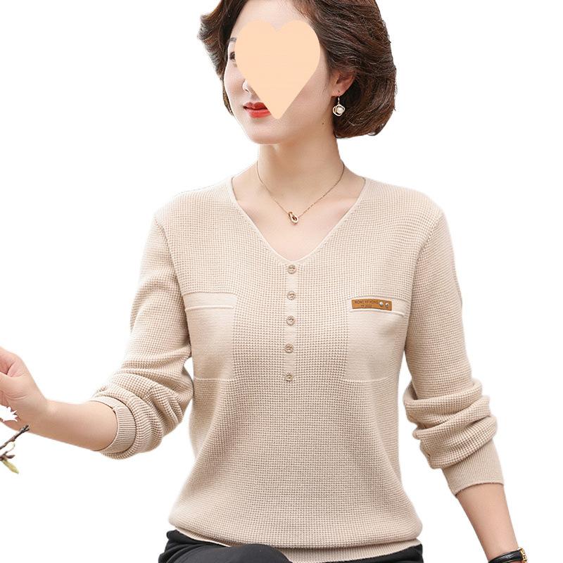 Thin Knit Sweater Women Fashion Collar Middle Age Ladies Long Sleeve Base Layer Top