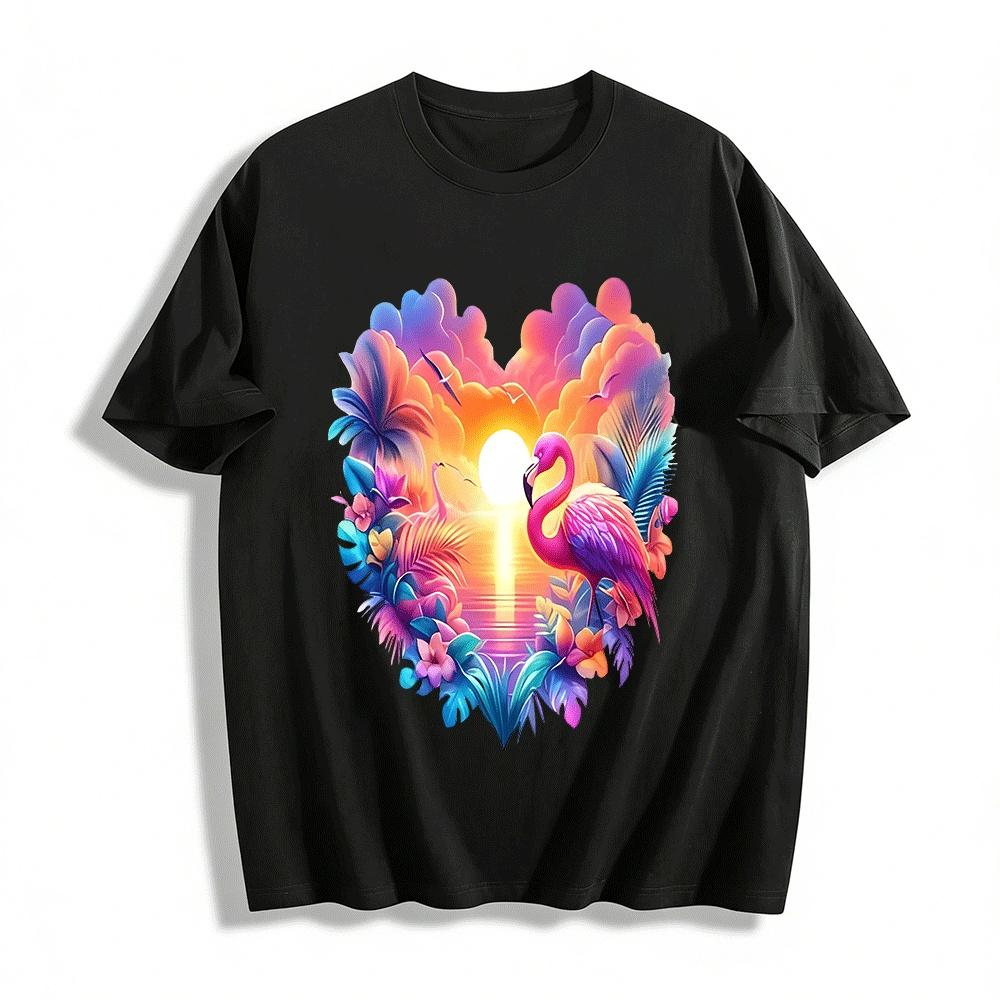 Tropical Sunset Flamingo Heart Print Casual Vacation T-Shirt Pure cotton T-shirt XXS