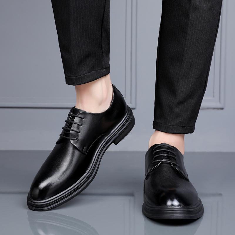 Business Dress Leather Shoes Men's Korean Version Trend Lace-up Platform Shoes Men's British Pointed Head Inner Height-increasing Groom Wedding Shoes