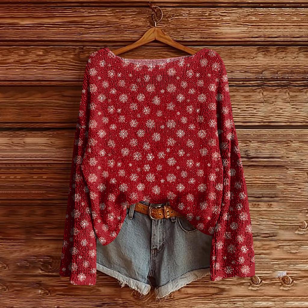 Women's Christmas Print Lightweight Sweater Casual Long Sleeve Knitted Pullover