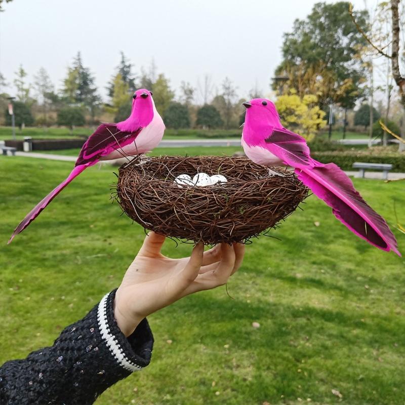 Realistic Artificial Woven Bird Nest Basket With Foam Chick Figure And Eggs Indoor Outdoor Easter Celebration Decoration