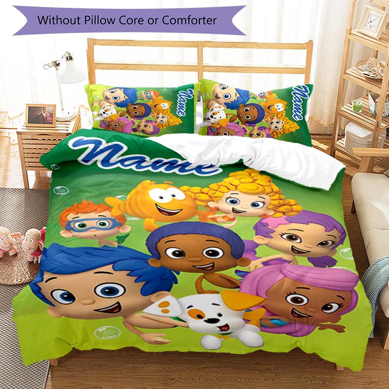 3pcs Bubble Guppies Cover Set - Personalized Name, HD Printed Bedding with 1 Cover and 2 Pillowcases - Perfect for Home Decor, Easy Care