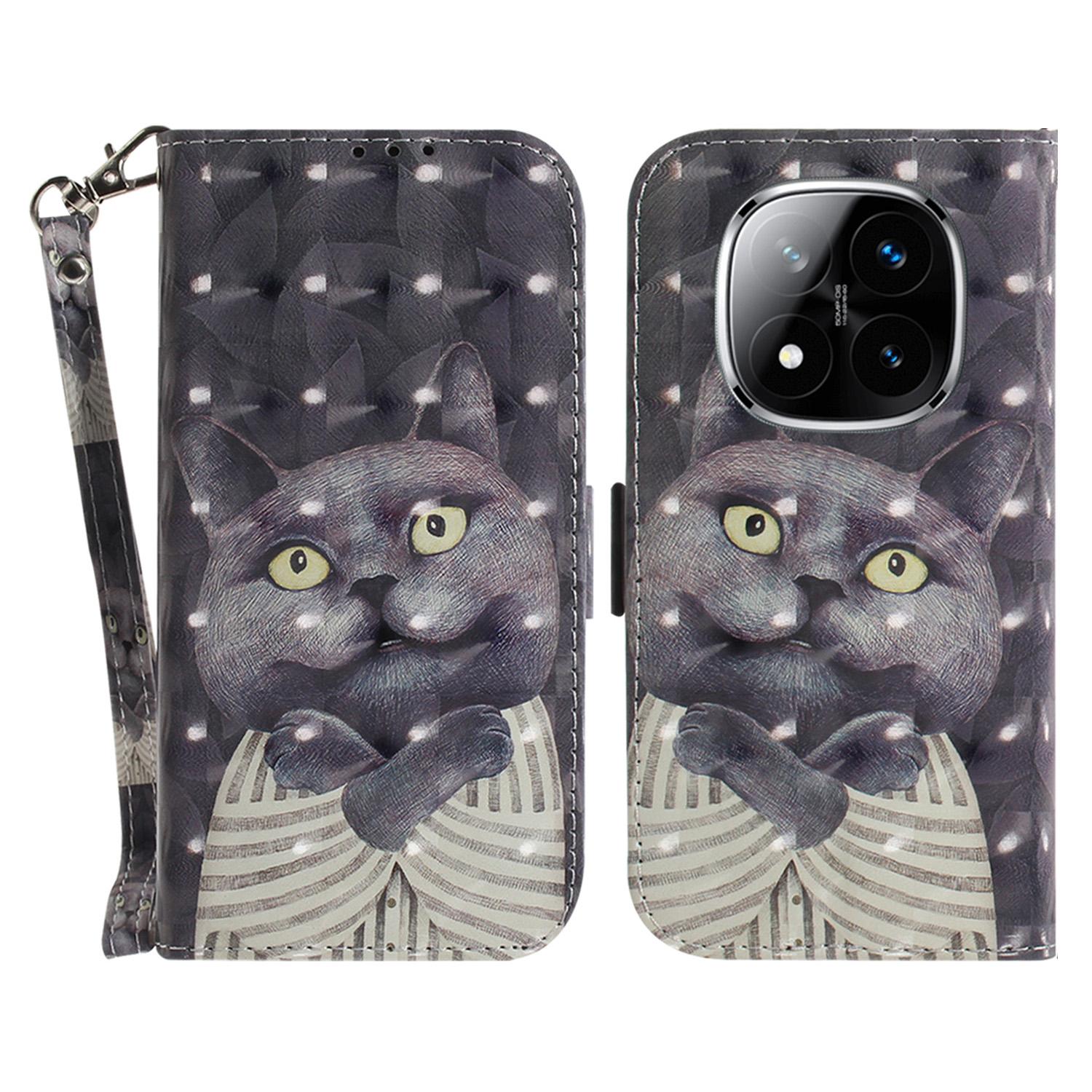 

For Xiaomi Redmi Note 14 Pro 5G/Poco X7 5G Case Pattern Printing Leather Wallet Phone Cover with Wrist Strap Embracing Cat