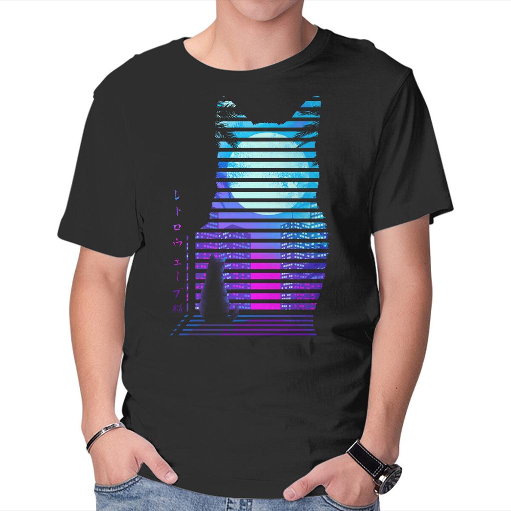 Unisex Crew Neck T-Shirt Nostalgia Black Cat Graphic Short Sleeve Casual Tee