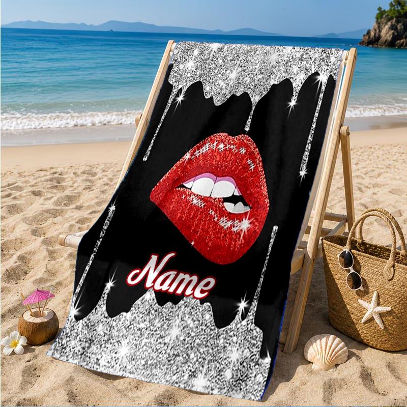Custom Name Red Lips Art Beach Towel Microfiber Beach Towel, Lightweight and Quick-Dry, for Summer Travel, Swimming Pool Gift