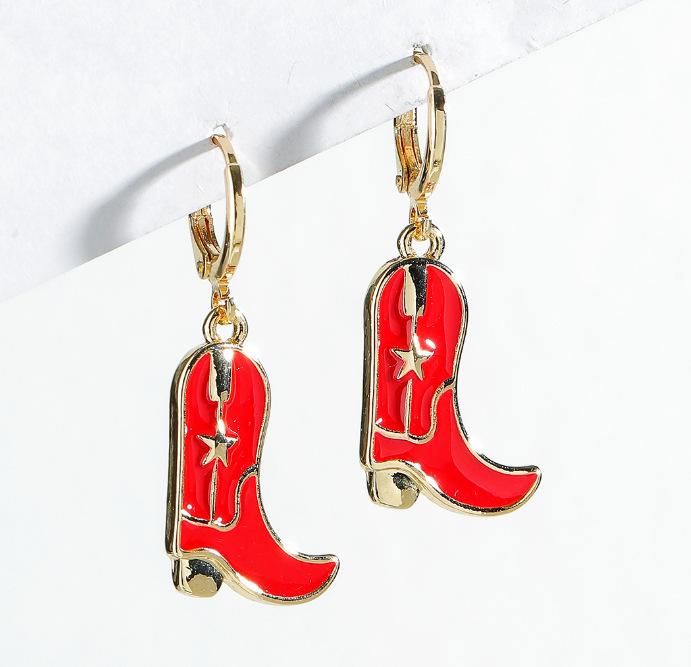 Dangly Cow Print Boot Cowboy Cowgirl Western Earrings Brown Metal Zircon Boho Bohemia Fur Hat Boot Star Earrings Golden EAR0126