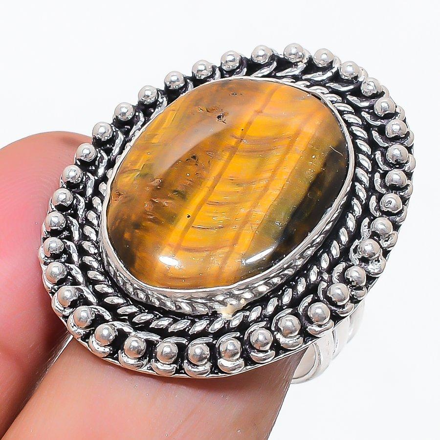 Natural Tiger Eye Gemstone Handmade 925 Sterling Silver Jewelry Ring Size 9 C3d87