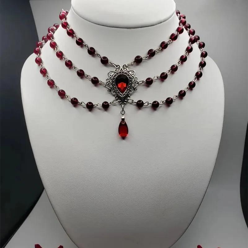 Gotický viktoriánský náhrdelník Romantický vintage krvavě červený korálkový řetízek Pro ženy Dívky Vynikající choker Šperky Doplňky Dárky