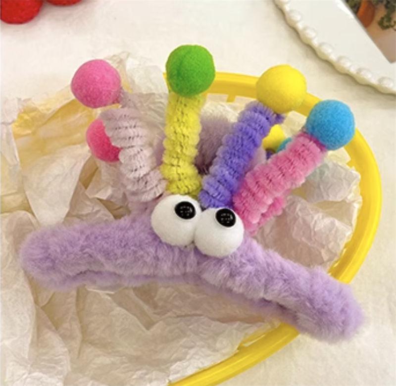 Mädchen Regenbogen Twist Stick Große Augen Plüsch Greifspange Hinterkopf Haiklammer Scheibe Haar Lustig Hässlich Süß Haarschmuck
