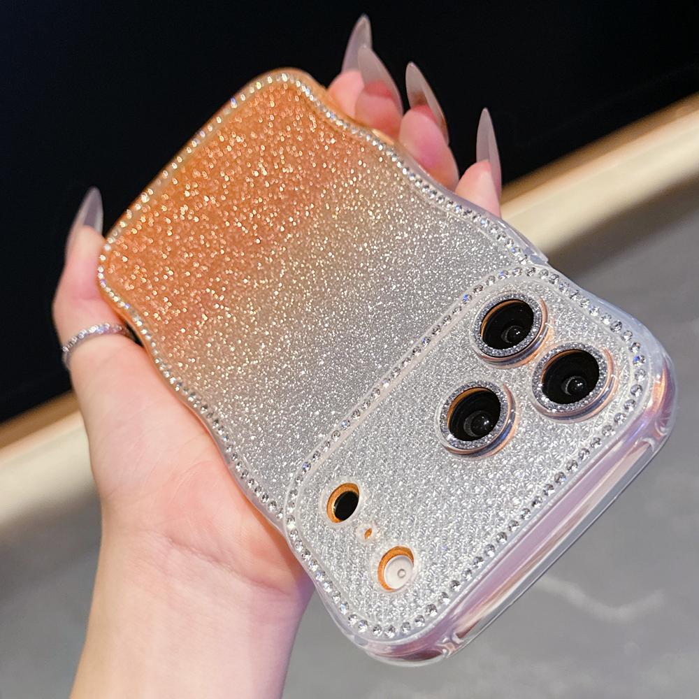 KEYSION Gradient Glitter Jewelled Phone Case for iPhone 13 14 15 Pro Max Wavy Border Lens Protector Shockproof Back Cover