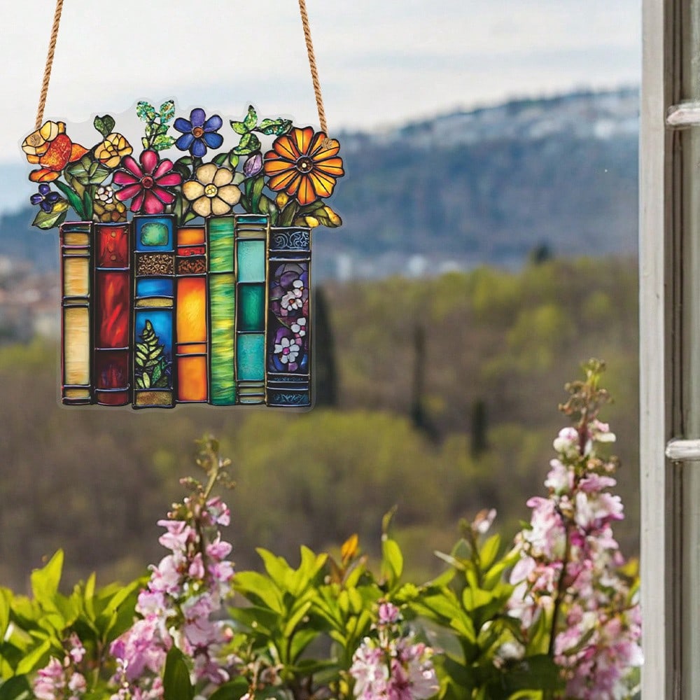 1pcs2D Flat Flower Book Acrylic Hanging Decoration, Library Book Window Hanging, Reader Gift, Bookish Library Decoration