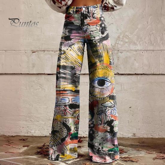 Dame Retro Casual Bukser Middels høyde Knapp Glidelåsgylf Vidt ben Lange Bukser med Lommer Digitalt Blomsterprint Fritidsbukser Streetwear