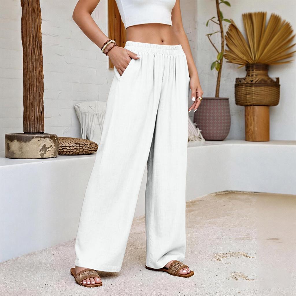Damen Baumwolle Leinen Bequem Farbe Locker Elastischer Bund Lässig Weites Bein Hose