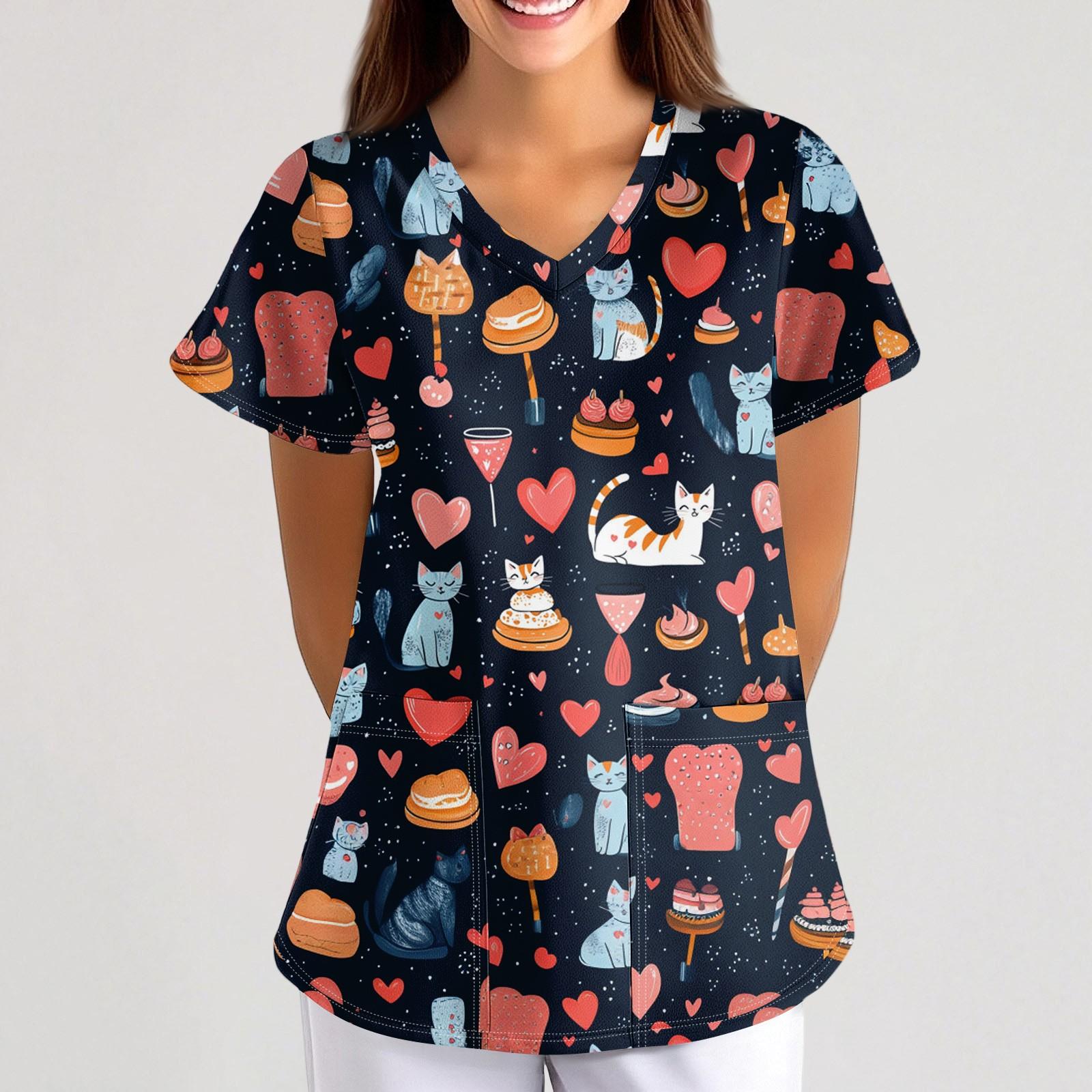 

Робоча уніформа з друкованим малюнком великого розміру Топи для жінок з хрестовим V-подібним вирізом Хеллоуїн з принтом з короткими рукавами Веселі футболки Робочий одяг Футболка з кишенями XXXXXL Темно-синій