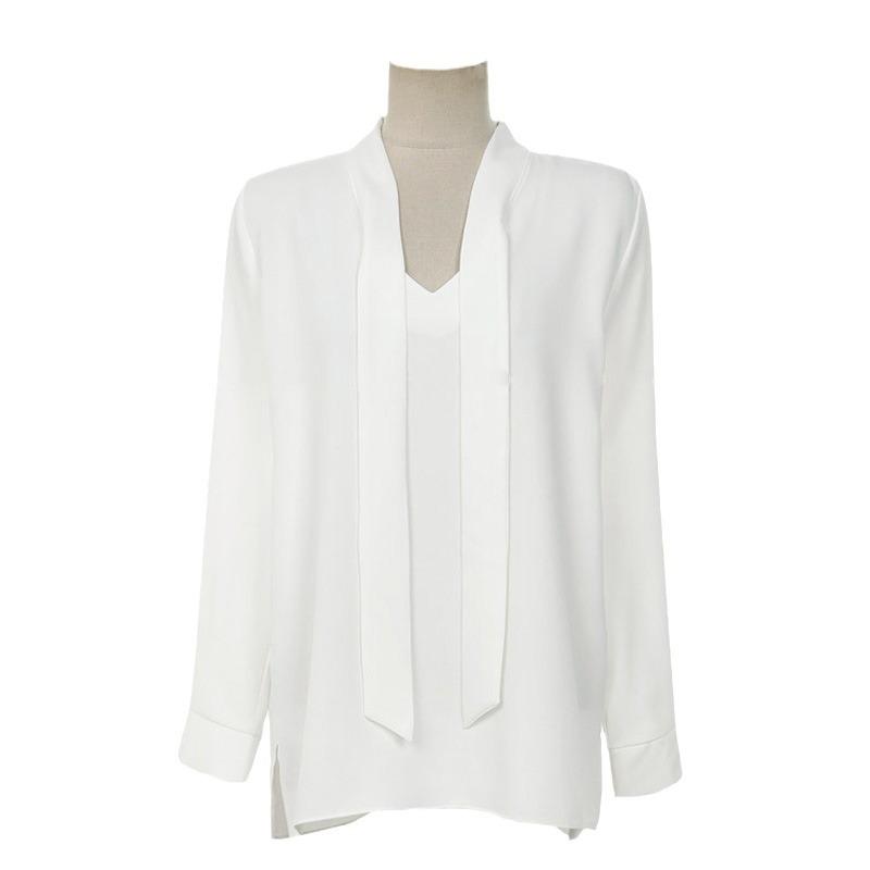 Women's Solid Color Long Sleeve Elegant Business Shirt Bow Ribbon Slimming for Work