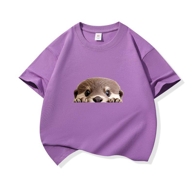 Kinder Baumwoll-T-Shirt Niedlicher Peekender Otter Aufdruck Rundhalsausschnitt Kurzarm T-Shirt Lässig Atmungsaktiv Jungen Mädchen Sommer Oberteile