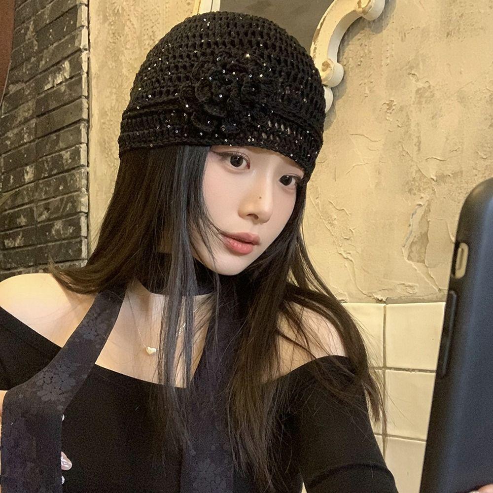 Hollow Crochet Flower Hat Glitter Sequin Knitted Hat Cute Weave Cap Apparel Accessories