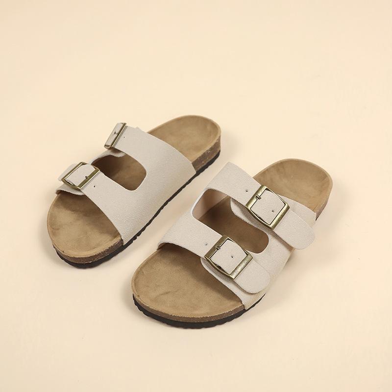 Retro Dicksohlige Boken Schuhe für Damen Sommer Doppelschnalle Rundzehen-Slipper Rutschfeste Strandschuhe