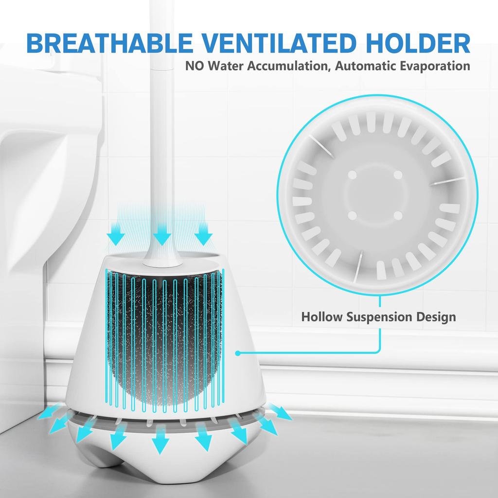 Luxury Silicone Toilet Brush with Ventilated Holder Toilet Brush with Stainless Steel Handle and Quick Dry Antibacterial Holder