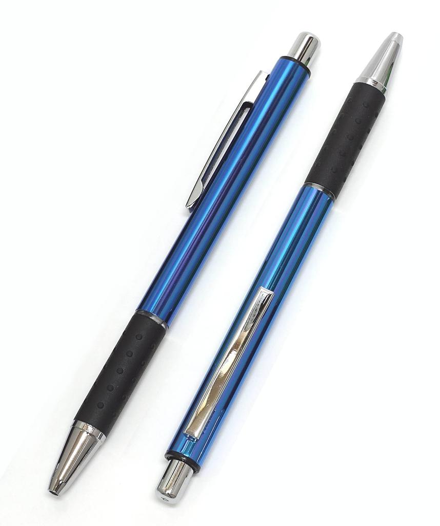 Miniaturní obal na zápisník z recyklované hovězí kůže, černý, s kulatým pouzdrem na pero, černým kovovým úchopem, modrá sada kuličkových per LS022PB-BRSB-WZ2067BP-L