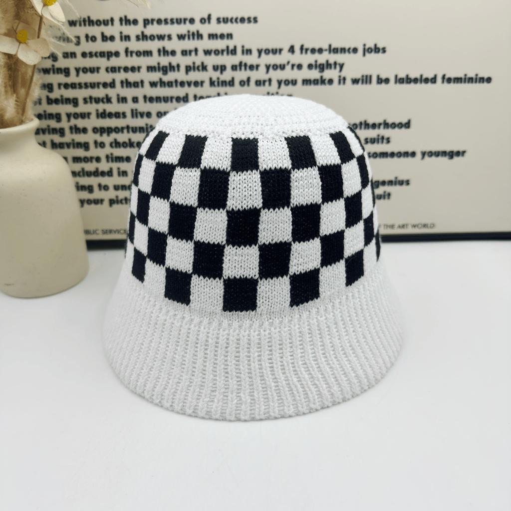 Black and white checkerboard wool hat women's spring and autumn versatile face small knitted bucket hat ins tide bucket hat